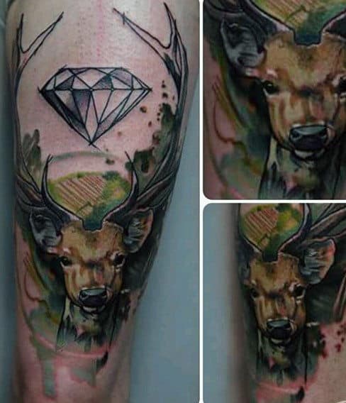 Green And Yellow Mens Deer Tattoos