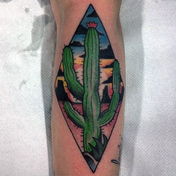 Green Cactus Male Leg Tattoos