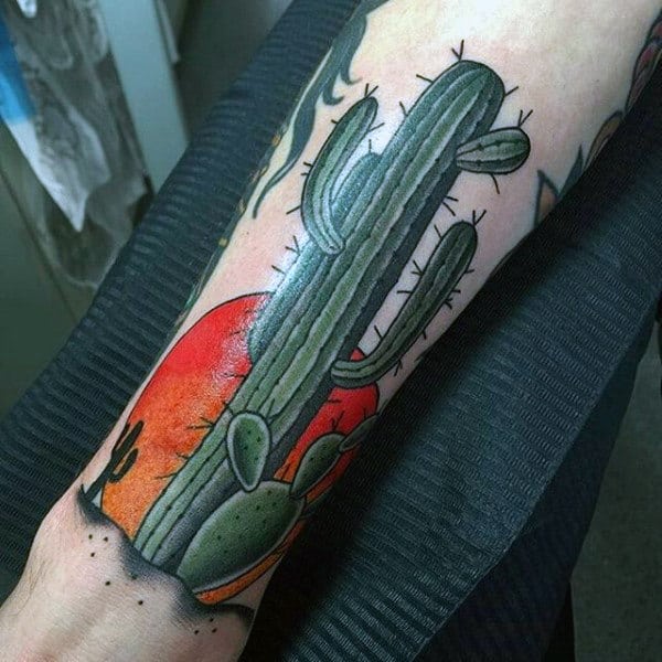 Green Cactus Plant Tattoo With Rising Sun On Man