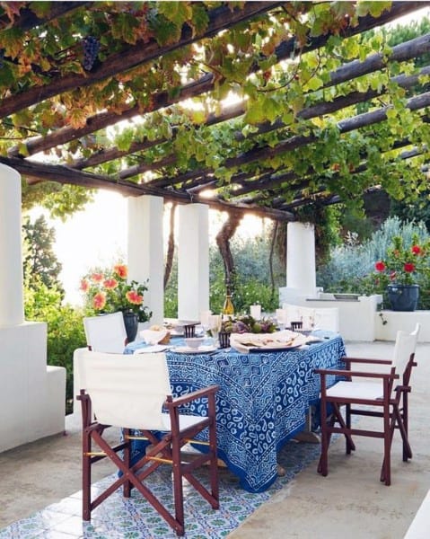 Pergola with wooden beams, grapevine canopy, dining table with blue tablecloth, and outdoor chairs.