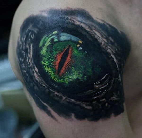 Green Crazy Dragon Eye Male Upper Arm Tattoo
