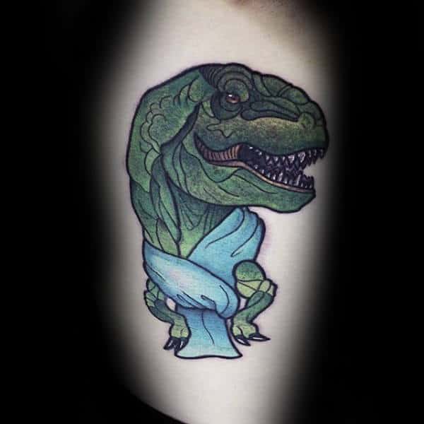 Green Dinosaur Cartoon Wrapped In Towel Tattoo Male Arm