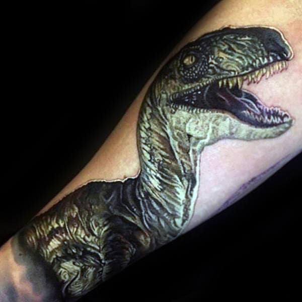 Green Dinosaur Mens Velociraptor Forearm Tattoo