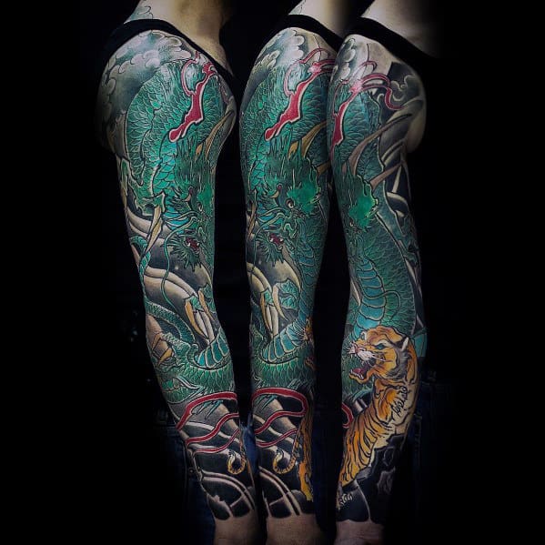 Green Drago With Tiger Male Sleeve Arm Tattoo Designs