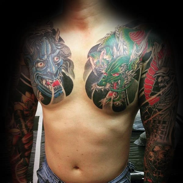 Green Dragon And Blue Hannya Mask Chest Tattoo On Male