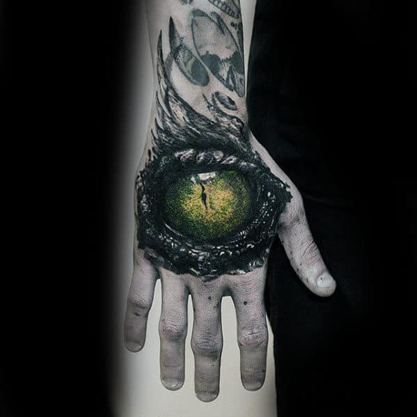 Green Dragon Eye Guys Realistic Hand Tattoos