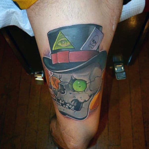 Green Ey Ball Skull New School Tattoo Male Lower Leg