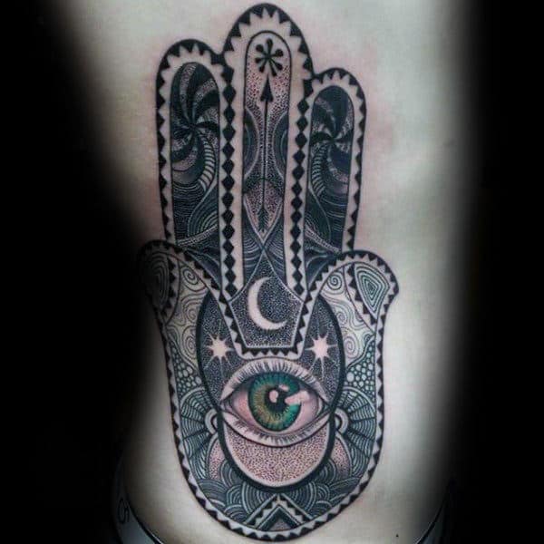 Green Eye Hamsa Mens Rib Cage Side Tattoos