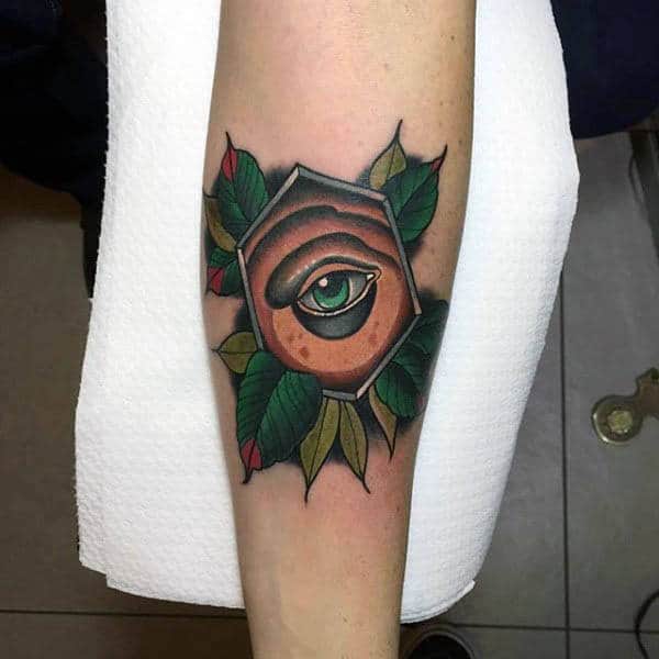 Green Eye In Hexagon And Leaves Neo Traditional Tattoo Guys Forearms