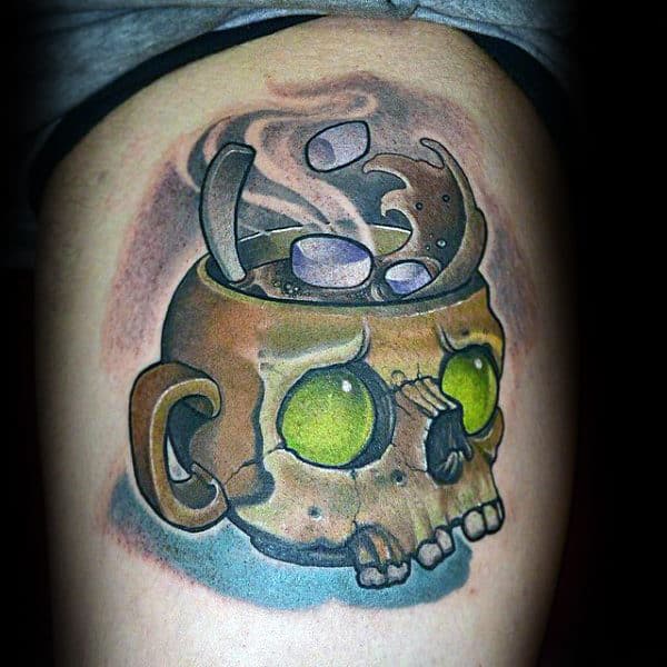 Green Eyed Skull Cup New School Tattoo Male Arms