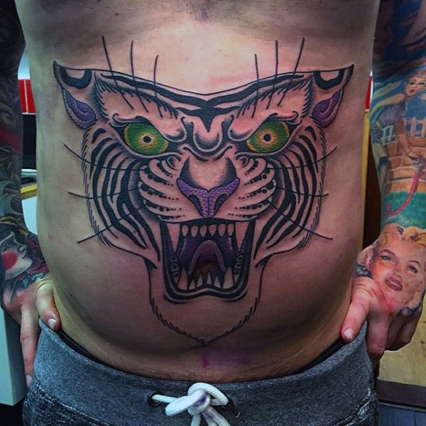 Green Eyes Tiger Mens Traditional Stomach Tattoos