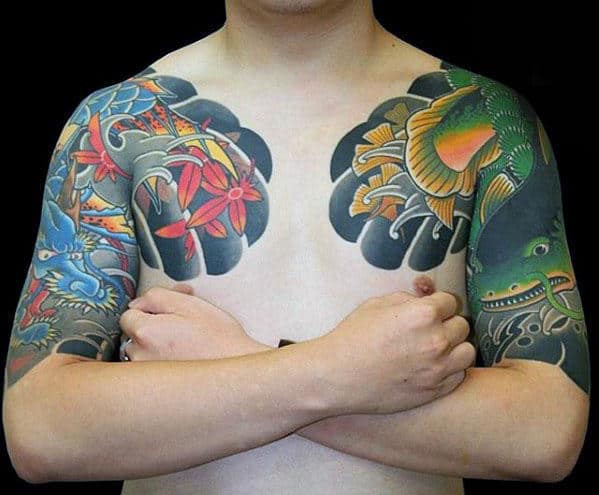 Green Fish With Blue Dragon Japanese Male Half Sleeve Tattoos