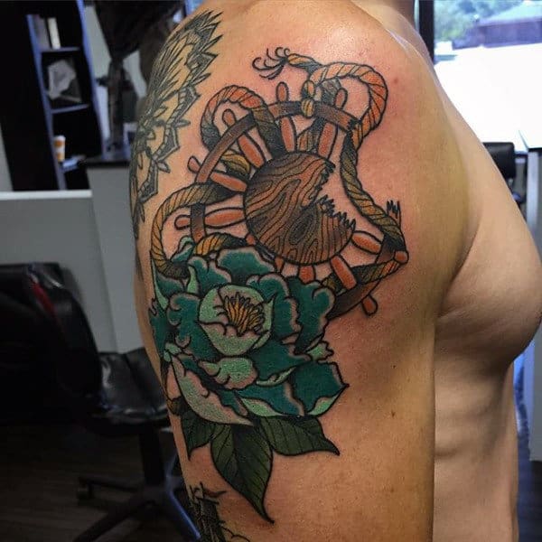 Green Flower And Rope Tattoo Male Arms