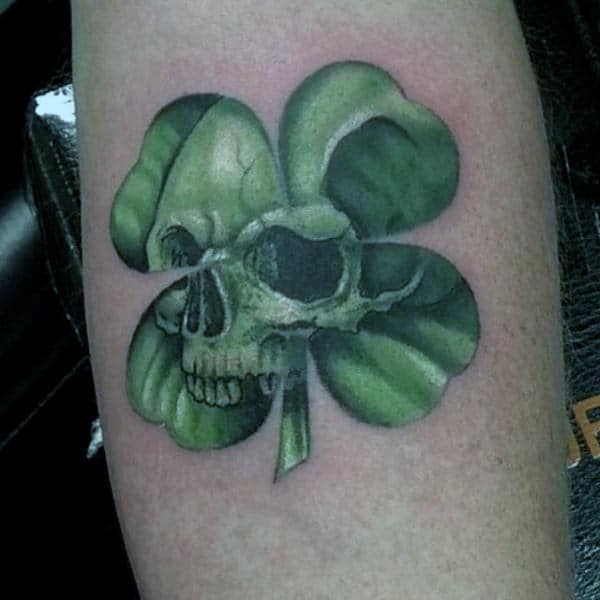 Green Four Leaf Clover With Skull Mens Arm Tattoos