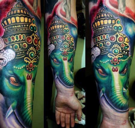 Green Ganesh Mens Amazing Forearm Sleeve Tattoo