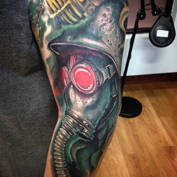 Green Gas Mask Tattoo With Glowing Red Eyes Mens Sleeve