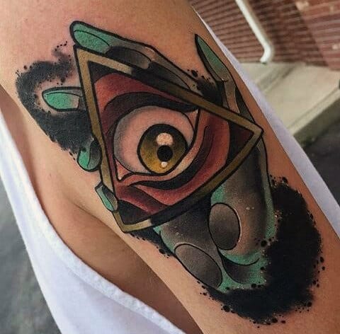 Green Hands Holding Illuminati Tattoo For Men On Arms