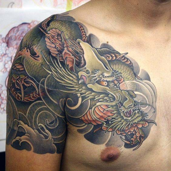 Green Japanese dragon quarter-sleeve and chest tattoo
