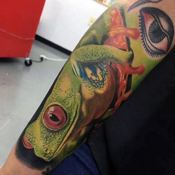 Green Jumping Frog Guys Realistic Forearm Sleeve Tattoo