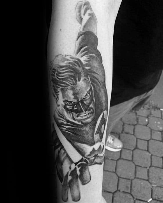 Green Lantern Shaded Black And Grey Ink Mens Forearm Tattoo
