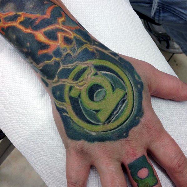Green Lantern Symbol Mens Hand Tattoo