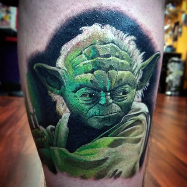 Green Light Saber Yoda Guys Lower Leg Tattoo Designs