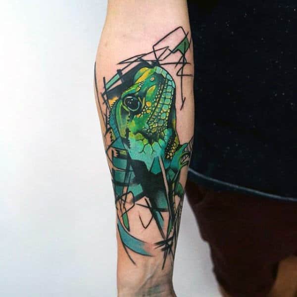 Green Lizard Tattoo With Abstract Designs On Forearms Men