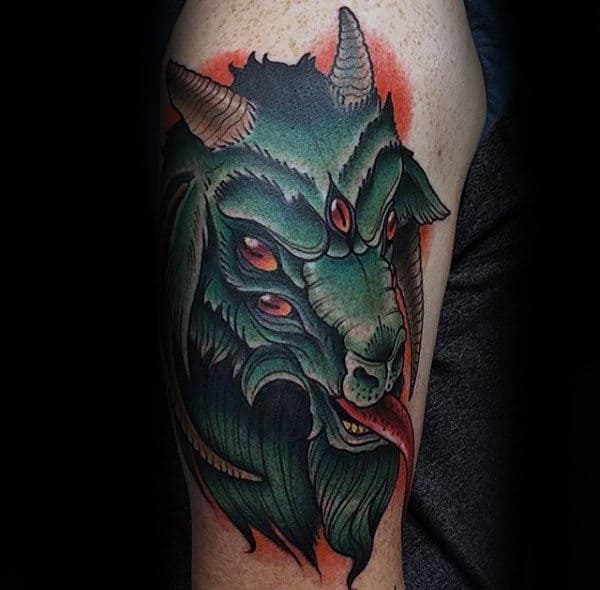 Green Multiple Eyed Goat Mens Arm Tattoos