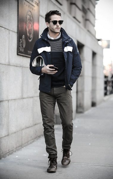 Green Pants With Blue Striped Sweater Dapper Mens Casual Wear Styles