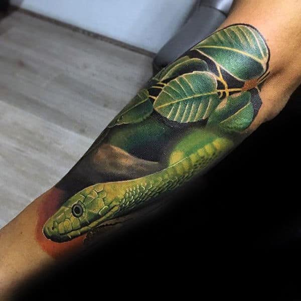Green Realistic Snake With Leaves Crazy Forearm Sleeve On Man