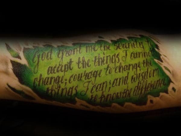 Green Scroll Torn Skin Guys Serenity Prayer Arm Tattoos