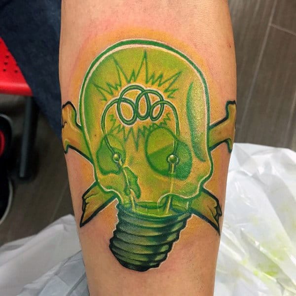 Green Skull With Cross Bones Male Light Bulb Tattoos