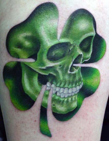 Green Skull With Four Leaf Clover Irish Inspired Mens Tattoos