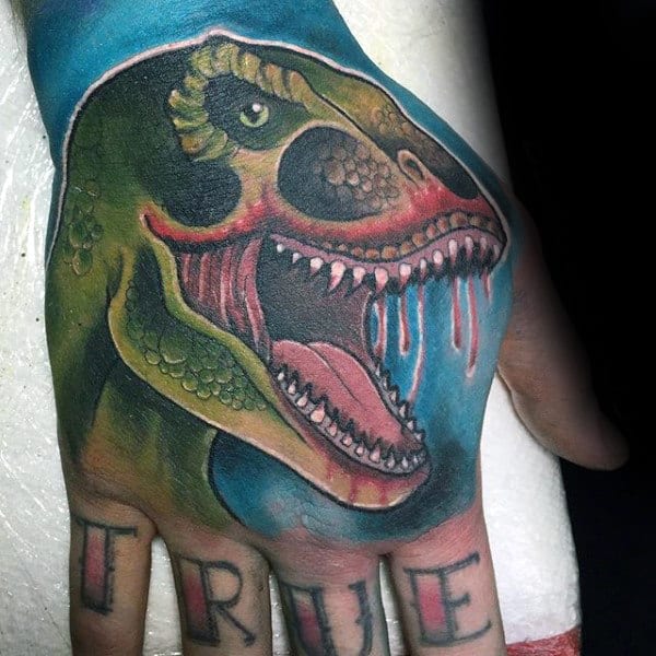 Green Slimy Dinosaur Tattoo Male Hands