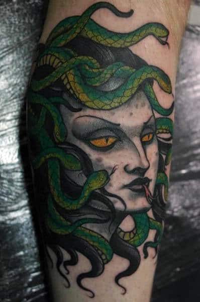 Green Snake Head Medusa Mens Tattoos On Leg Calf For Men