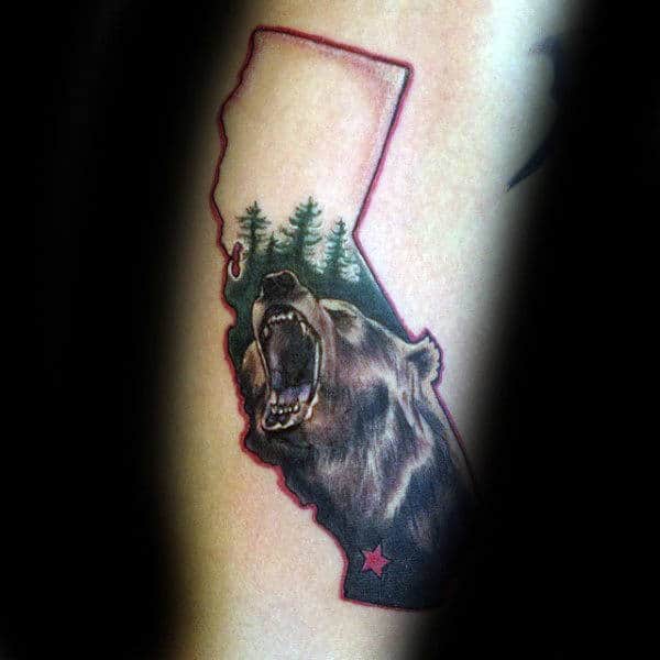 Green Trees California Bear With Red Ink State Border Mens Arm Tattoo