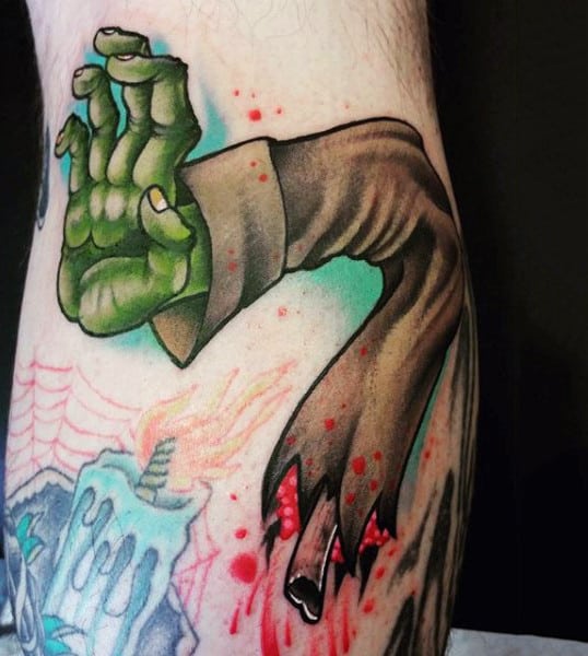 Green Zombie Hand With Broken Arm Bicep Tattoo For Guys