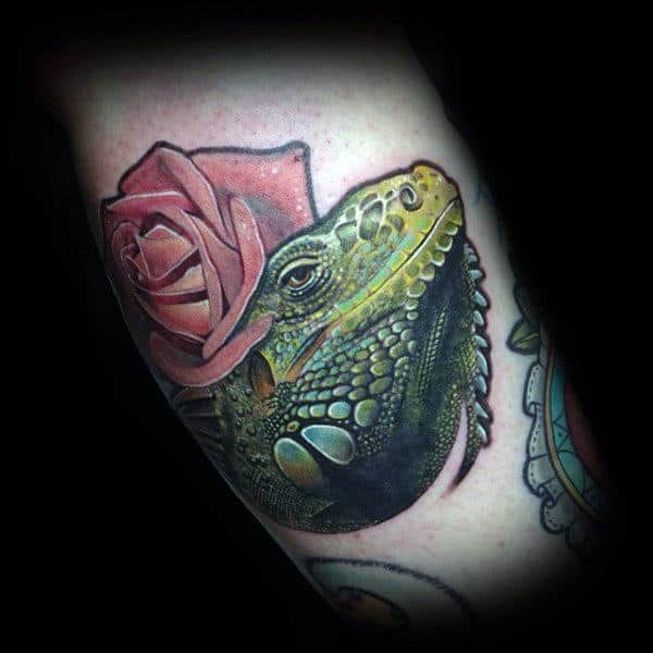 Greenish Lizard And Rose Tattoo For Men On Calves