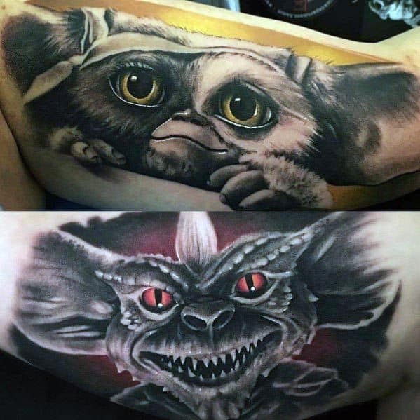 Dual Gremlin tattoo featuring a soft, wide-eyed Gizmo above and a menacing, red-eyed Gremlin below, showcasing contrast between cute and fierce.