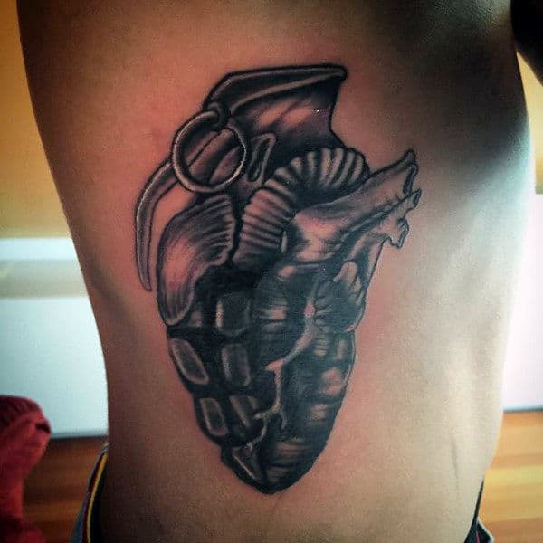 Grenade And Heart Men's Tattoos On Ribs