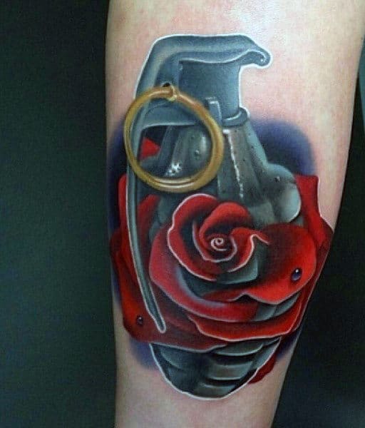 Grenade And Rose Men's Tattoo