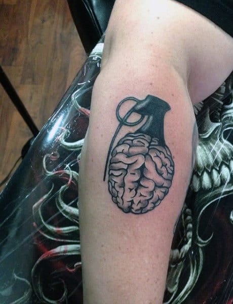Grenade Brain Back Of Leg Male Tattoo