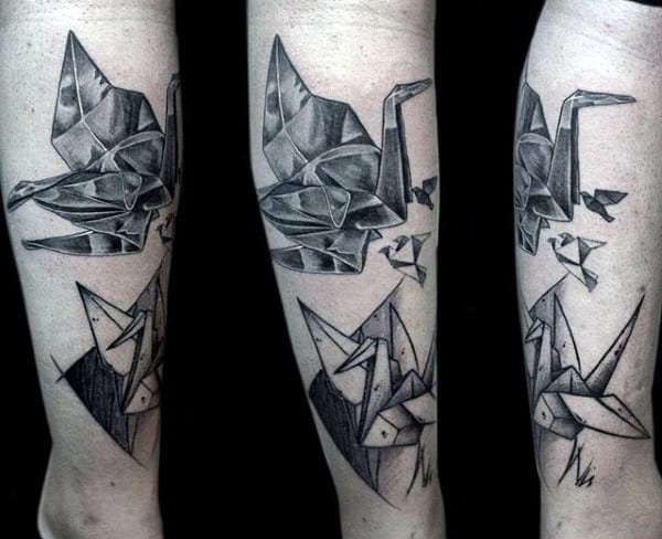 Grey And Black Ink Shaded Origami Mens Bird Leg Tattoos