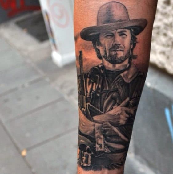 Grey And Black Intricate Tattoo Of Western Man
