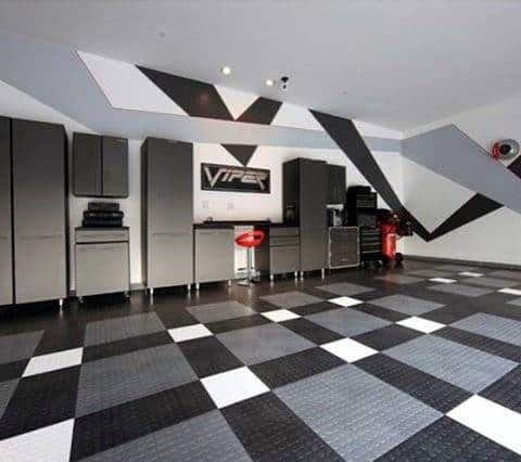 gray and black viper themed garage wall check flooring 