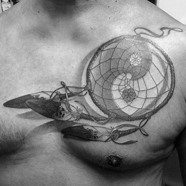 Grey And Black Yin And Yang Dreamcatcher Tattoo For Men On Chest
