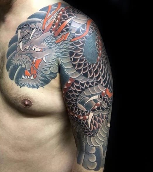 Grey And Orange Ink Japanese Guys Half Sleeve Dragon Tattoo Ideas