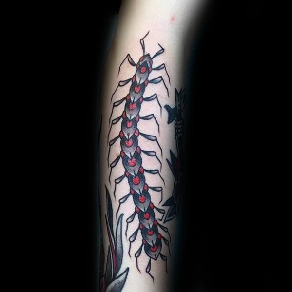 Grey And Red Ink Forearm Mens Tattoo With Centipede Design