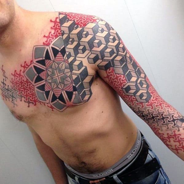 Grey And Red Ink Guys Different Geometric Pattern Full Arm Sleeve Tattoo