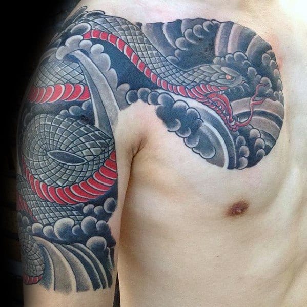 Grey And Red Ink Half Sleeve Japanese Snake Tattoo Ideas On Guys